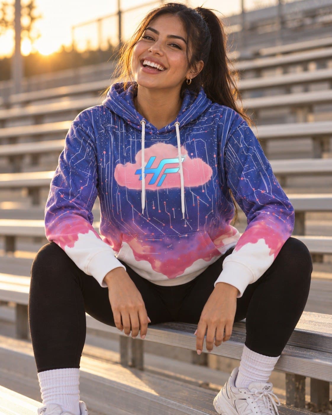 A woman laughing on stadium bleachers at sunset, wearing the Cloud Hoodie