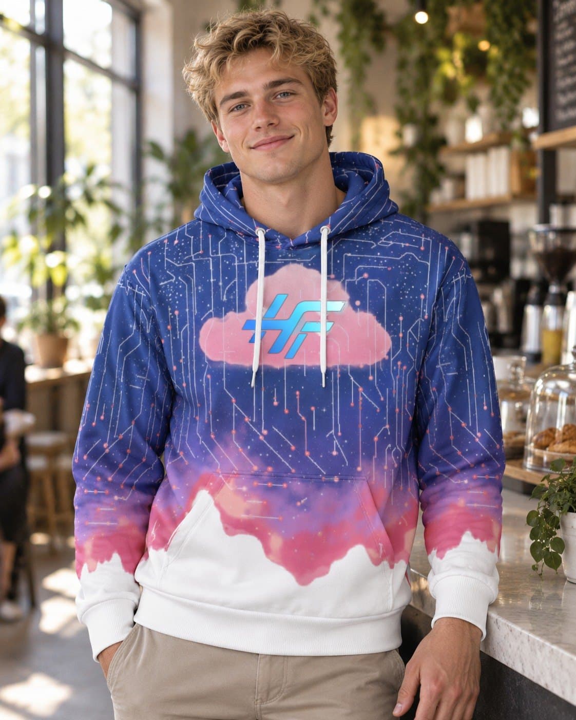 A man with blonde hair at a café counter, wearing the Cloud Hoodie