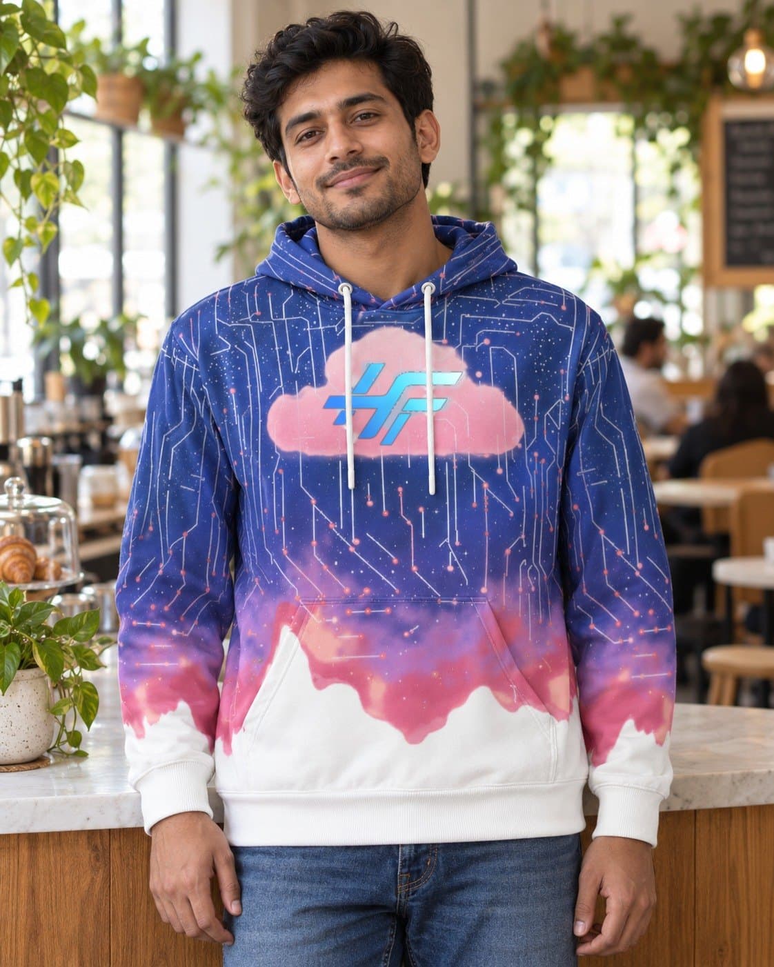 A man smiling at a café counter, wearing the Cloud Hoodie