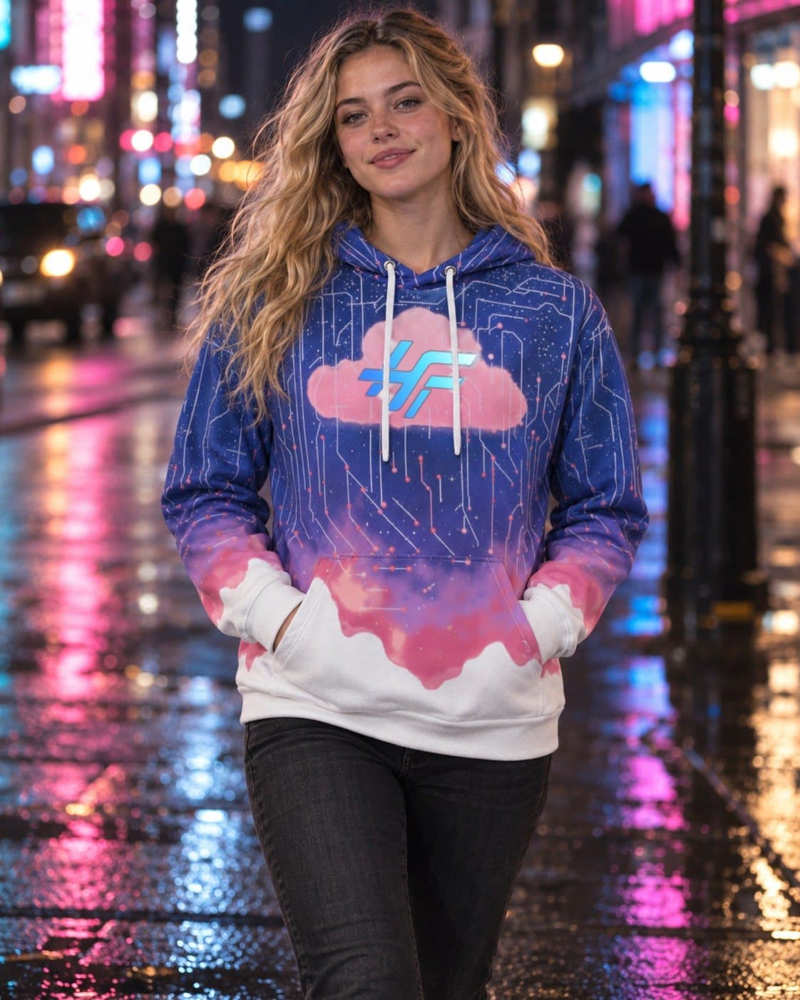 A woman with long blonde hair on a wet city street at night, wearing the Cloud Hoodie