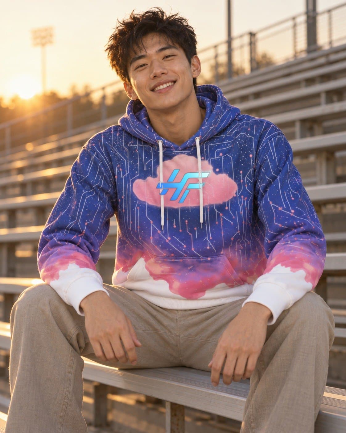 A man sitting on stadium bleachers at sunset, wearing the Cloud Hoodie