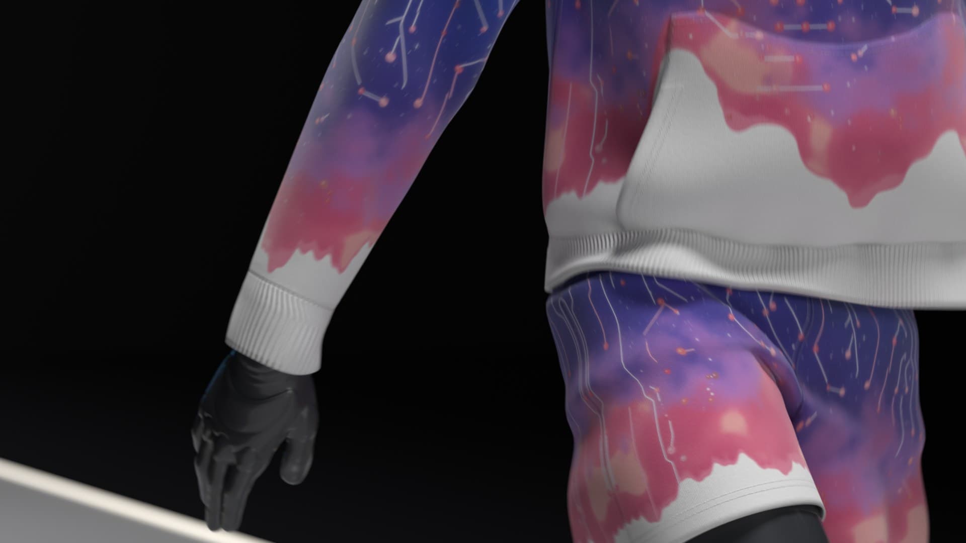 Hoodie hem and cuff over the shorts, a frame from the film